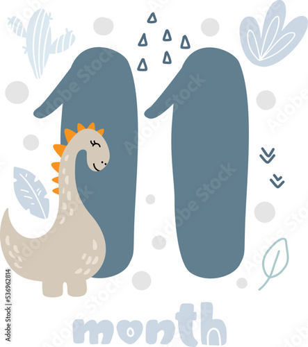 11 eleven months Baby boy anniversary card metrics. Baby shower print with cute animal dino, flowers and palm capturing all special moments. Baby milestone card for newborn photo