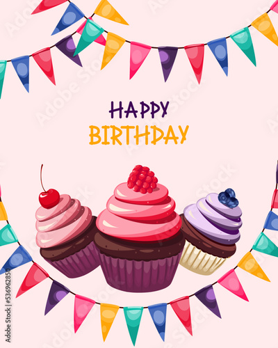 Happy birthday greeting card template with festive cupcakes and colorful flags.Vector illustration for congratulations.