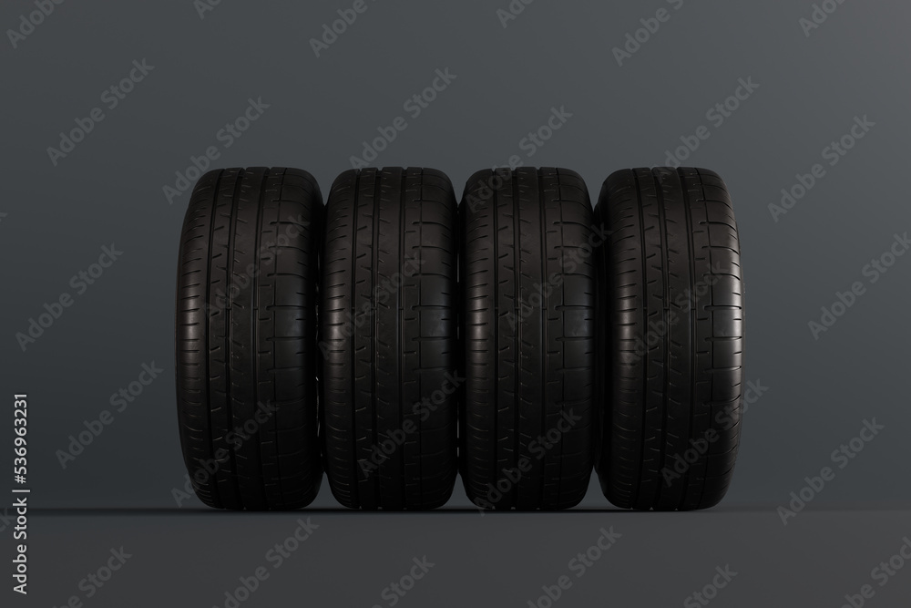 Tires on a dark background. Wheel change concept, vulcanization. Seasonal tire change. 3d render, 3d illustration. Tires on a dark background. Wheel change concept, vulcanization. Seasonal tire change. 3d render, 3d illustration.