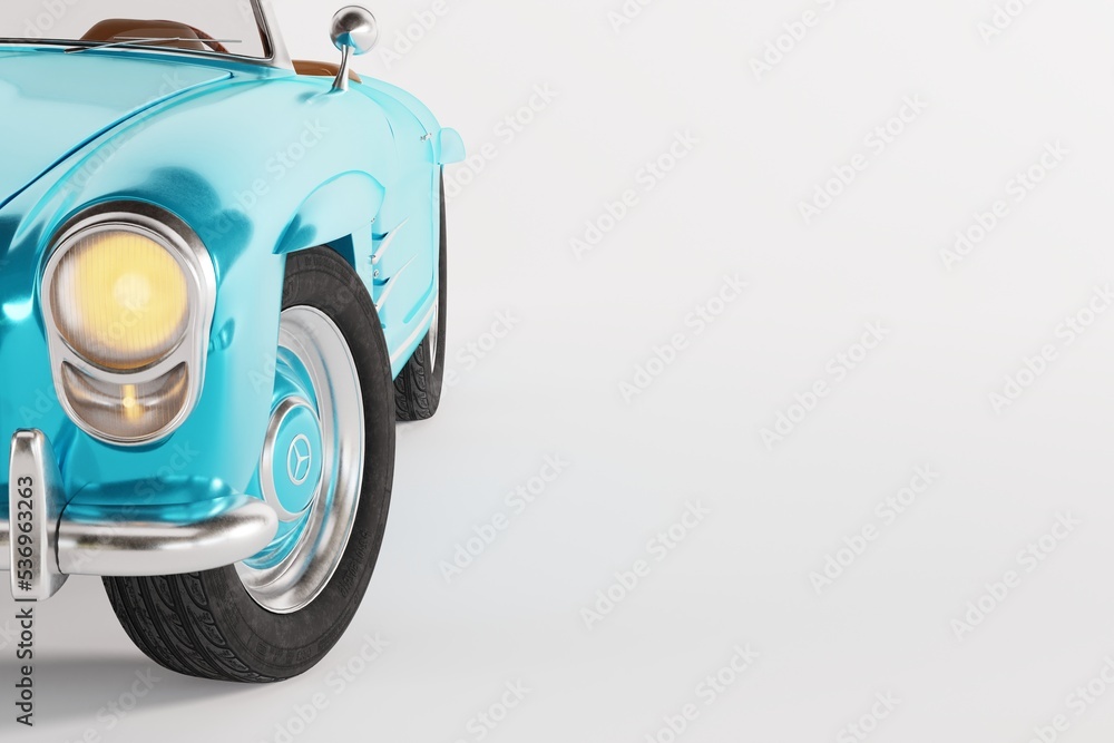 Front view on retro car lights. Blue car in front on a white background. Retro car concept. 3d render, 3d illustration. Front view on retro car lights. Blue car in front on a white background. Retro car concept. 3d render, 3d illustration.