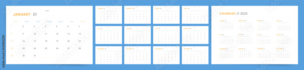 Clean and minimal 2023 calendar template. Modern simple design. Week starts on Sunday. Place for notes. Clean and minimal 2023 calendar template. Modern simple design. Week starts on Sunday. Place for notes.