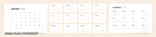 Calendar 2023. Calendar 2023 week starts Sunday. Set of ready to print monthly pages. Corporate minimal clean design 2023 calendar. 