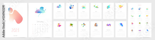2023 minimal calendar template. Week starts on Sunday. Modern design, ready to print 2023 calendar with gradient abstract shapes. Vector annual template set.	