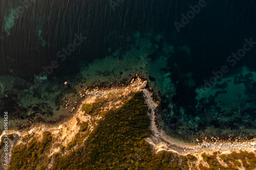 Aerial photography, top view of a beach with turqoise sea and water