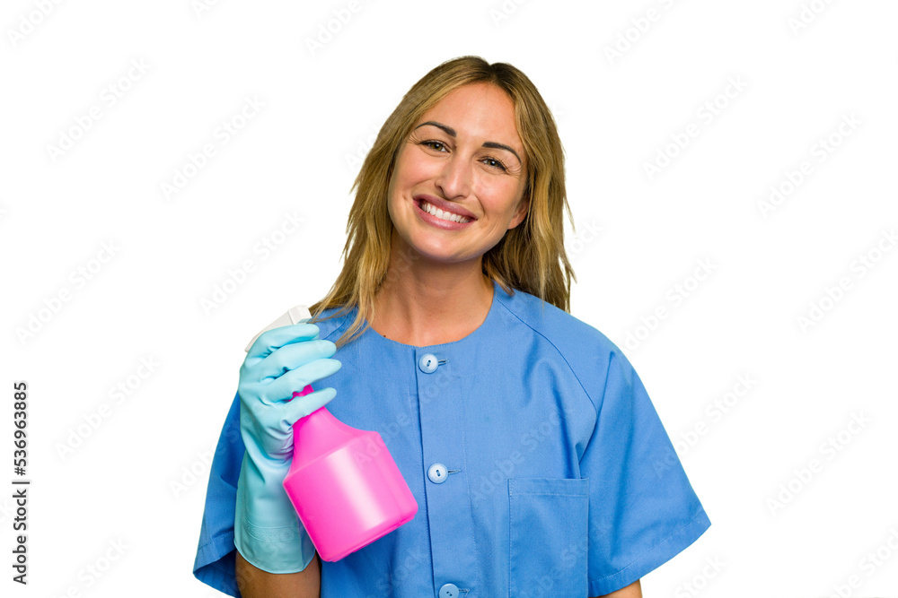 Young cleaner caucasian woman isolated green chroma background happy, smiling and cheerful. Young cleaner caucasian woman isolated green chroma background happy, smiling and cheerful.