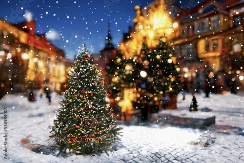 Christmas city and New  Year Festive decoration green tree illuminated snowy  old town people walk on evening holiday winter background  copy space template