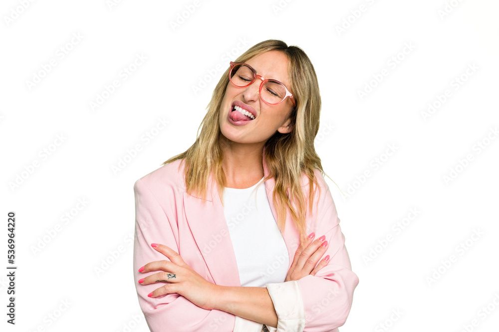 Young caucasian woman isolated on green chroma background funny and friendly sticking out tongue. Young caucasian woman isolated on green chroma background funny and friendly sticking out tongue.