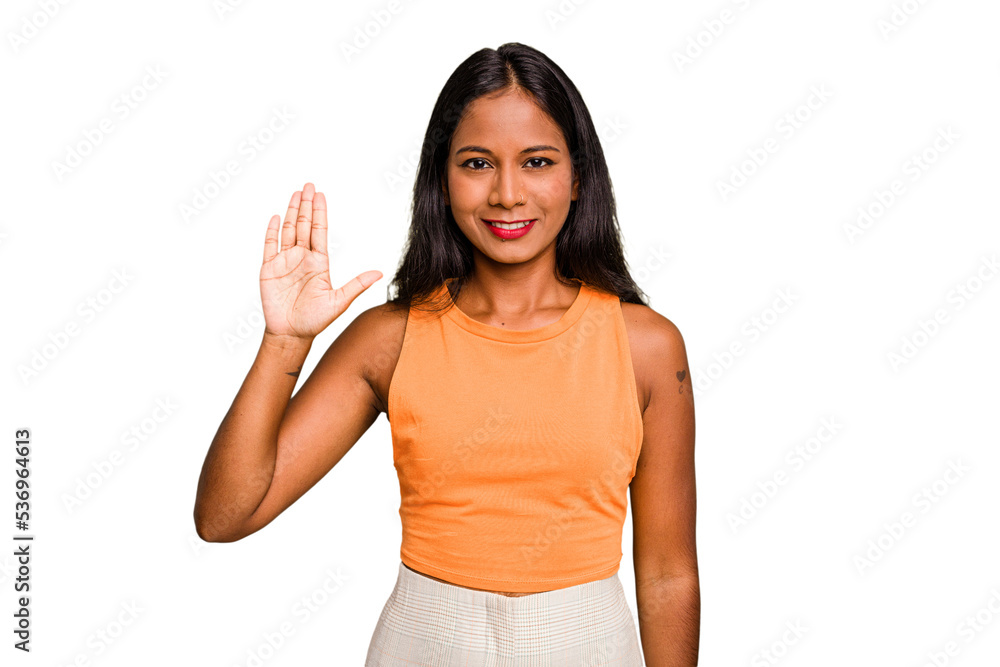Young Indian woman isolated smiling cheerful showing number five with fingers. Young Indian woman isolated smiling cheerful showing number five with fingers.