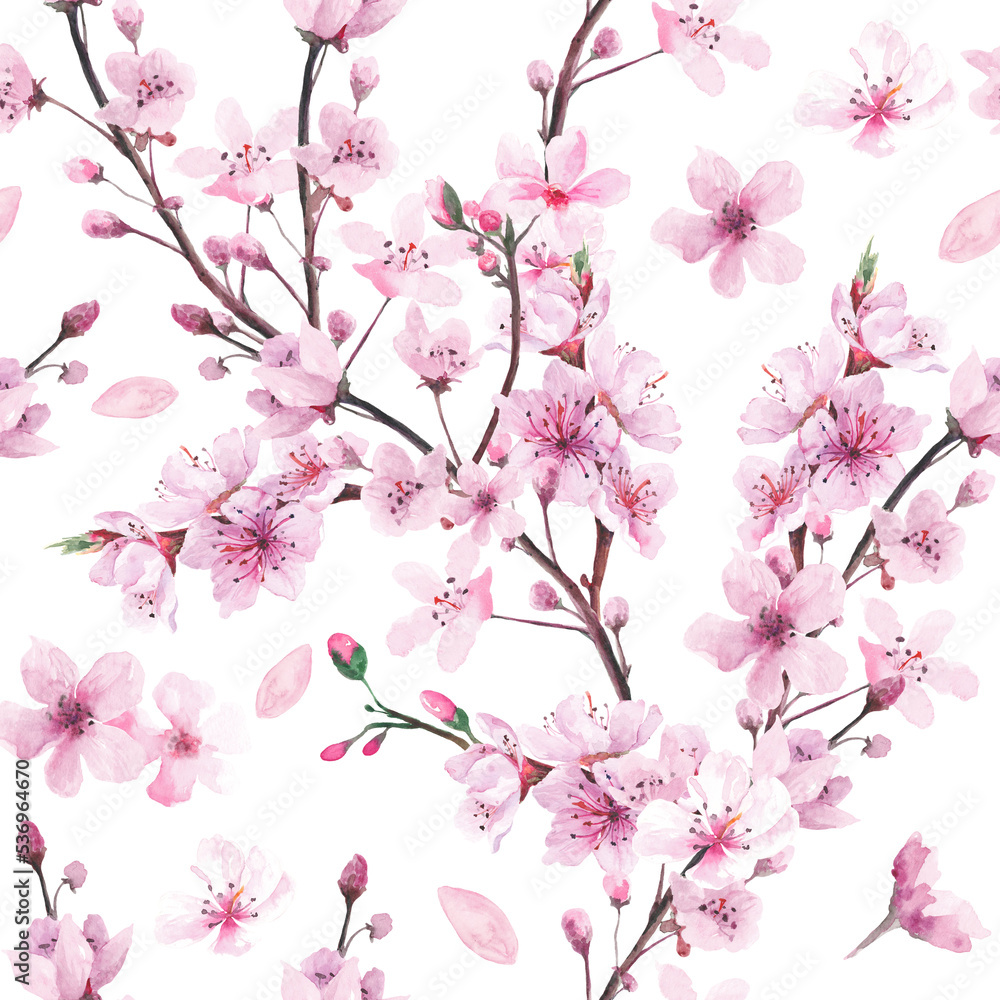 Watercolor Floral Sakura Seamless Pattern, Cherry Blossom Digital Paper Jpeg