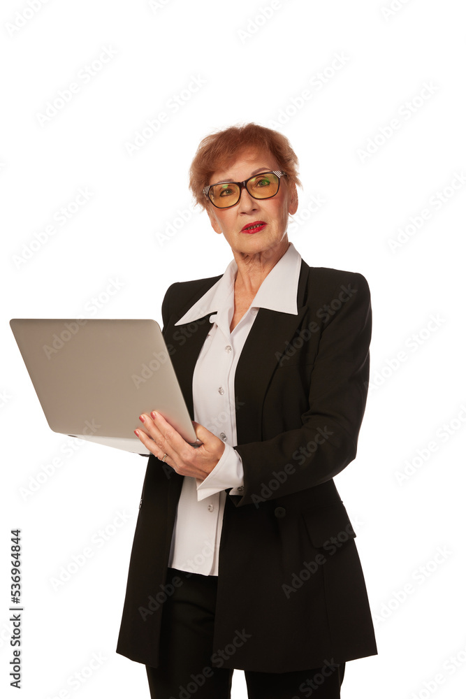 Portrait of confident senior executive manager. Stylish middle age woman in black business suit posing isolated on white background Portrait of confident senior executive manager. Stylish middle age woman in black business suit posing isolated on white background