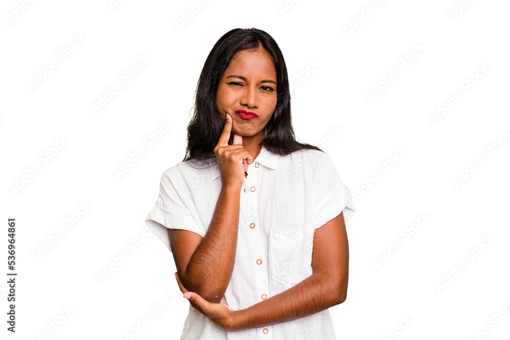 Young Indian woman isolated looking sideways with doubtful and skeptical expression. Young Indian woman isolated looking sideways with doubtful and skeptical expression.
