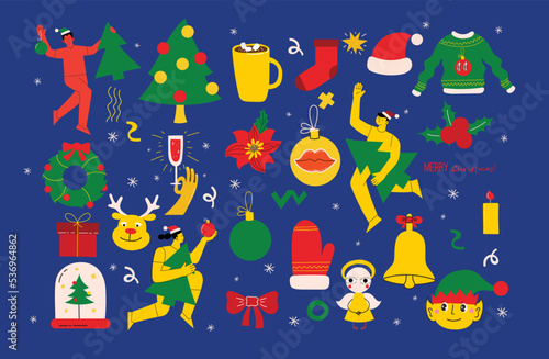 Merry Christmas and Happy New Year 2023. Vector trendy abstract illustrations of holiday card with santa claus, deer, crazy geometric shapes, christmas tree and wreath for poster.