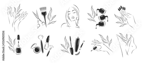 Big set of elements and icons for beauty salon.Black and white cosmetics silhouettes  set. Nail polish,  beautiful woman face,  eyelash extension, makeup, hairdressing. Vector illustrations