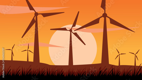Illustration of windmills in the field generating renewable energy. Environment and clean energy concept.