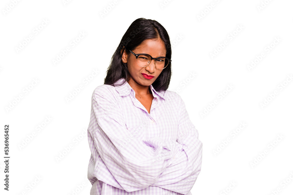 Young Indian woman isolated frowning face in displeasure, keeps arms folded. Young Indian woman isolated frowning face in displeasure, keeps arms folded.
