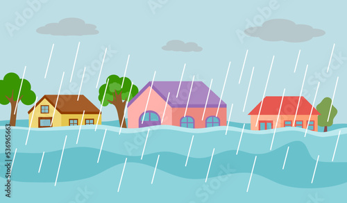 Flood disaster in village concept vector illustration. Flooding house under heavy rains in flat design.