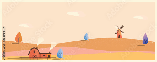 Minimal Panorama Vector illustration of Countryside landscape in autumn,banner of farm house.Falls mountain,hill with falling leaves,barnin late falls.Concept of organic  farm in blue winter autumn. photo