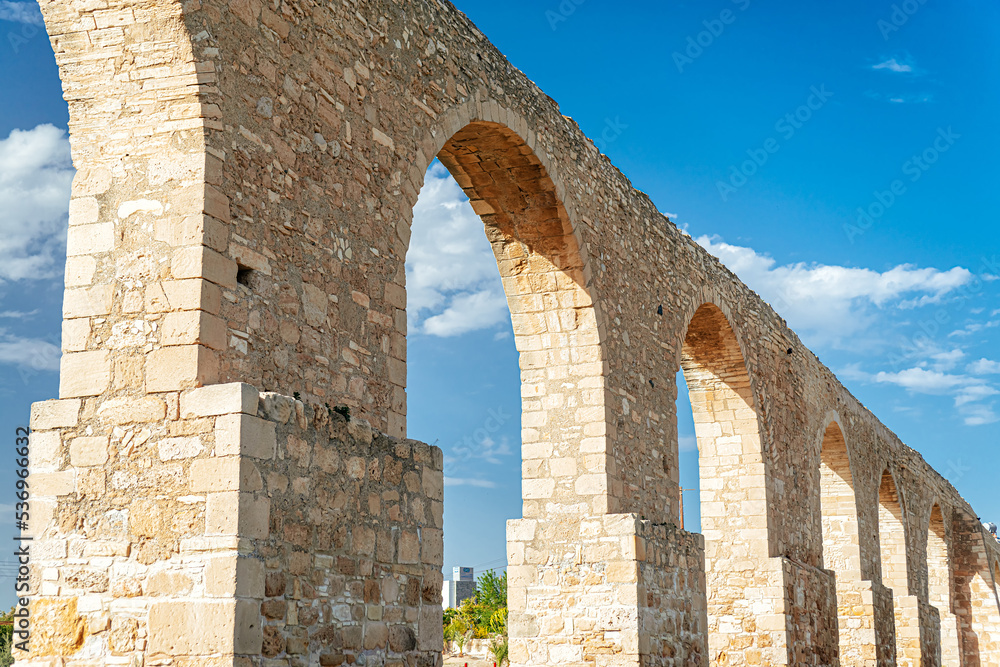 Low angle view at medieval Kamares aqueduct in Larnaca, Cyprus