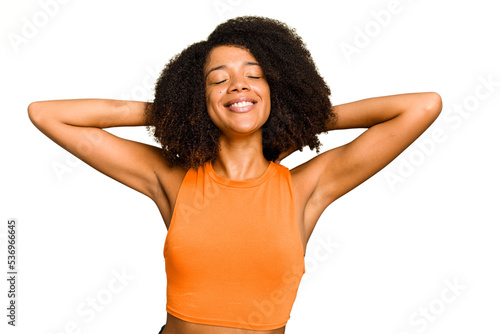Young African American woman isolated feeling confident, with hands behind the head.