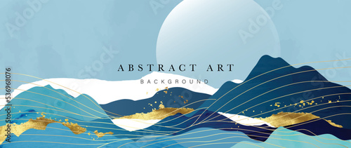 Abstract mountain and golden line arts background vector. Watercolor oriental style, landscape, sky, hills with gold, curve lines texture. Wall art design suitable for home decor, wallpaper, prints. 