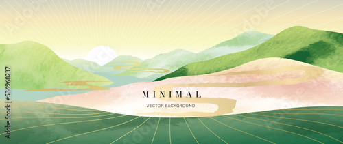 Abstract mountain and golden line arts background vector. Watercolor oriental minimal style painting, landscape, sun, hills, clouds texture. Wall art design for home decor, wallpaper, prints. 