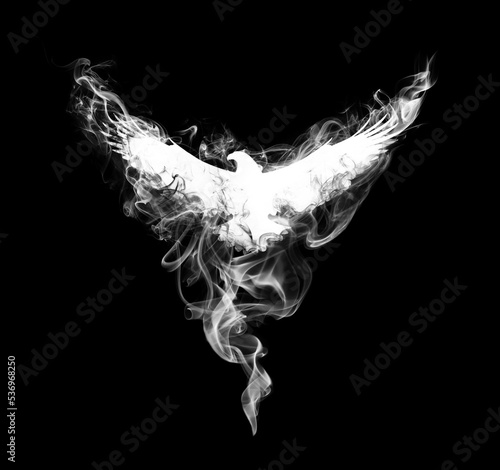 Silhouette of a flying eagle with spread wings in beautiful puffs of smoke isolated on a black background. Silhouette of a flying eagle in clouds of smoke. © HappyRichStudio
