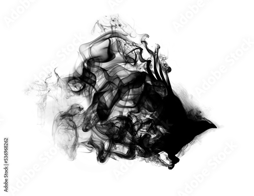Silhouette of a flying raven with spread wings in beautiful puffs of black smoke isolated on a white background. Silhouette of a flying raven in clouds of smoke.