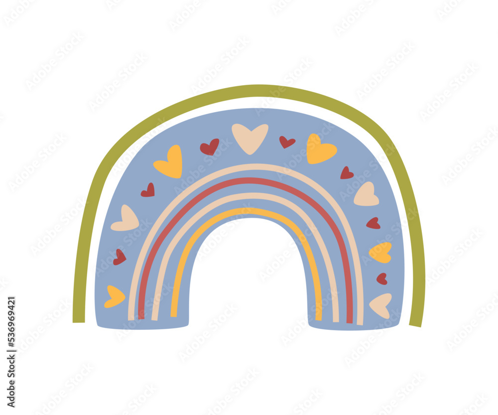 Rainbow cartoon, childlike drawing. Vector in flat style, heart and flower in blossom, blooming and flourishing of plant, bright sun and rain, rainy weather Rainbow cartoon, childlike drawing. Vector in flat style, heart and flower in blossom, blooming and flourishing of plant, bright sun and rain, rainy weather