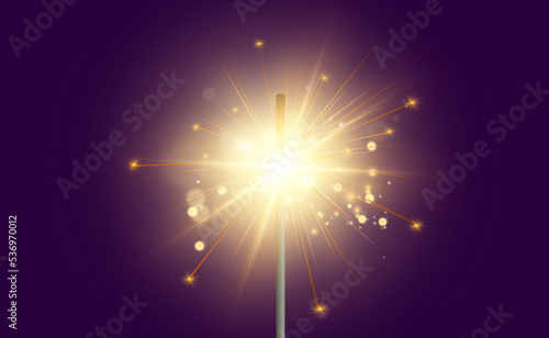 Magical light. Sparkler. Candle sparkling on the background. Realistic vector light effect. Winter, seasonal christmas decoration illustration.	
