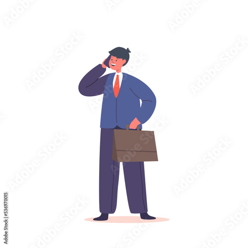 Kid Businessman with Briefcase Speaking by Mobile Phone Isolated on White Background. Boy Character in Formal Suit