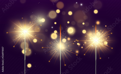Magical light. Sparkler. Candle sparkling on the background. Realistic vector light effect. Winter, seasonal christmas decoration illustration.	