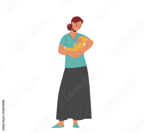 Young Female Character Holding Newborn Baby on Hands, Caucasian Woman Rock to Sleep Child, Singing Song. Maternity