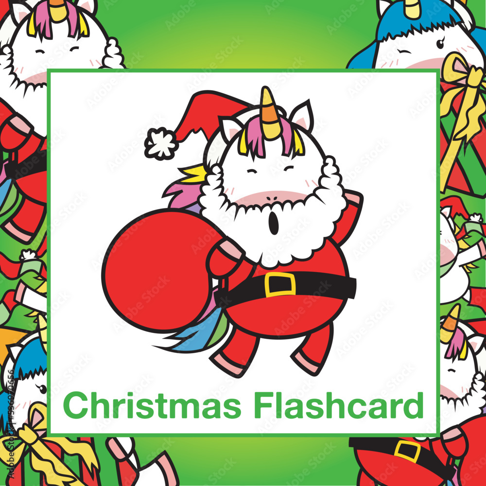 Christmas Flashcards for Children. Cute Unicorn Christmas theme. Ready to print. Printable card. Educational card for preschool. Vector illustration. Kawaii Christmas greeting cards for kids
