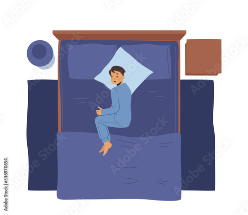 Baby Boy Character Lying on Side, Child Nap in Home Bedroom. Kid at Comfortable Sleeping Place Top View