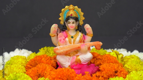 Saraswati is a Hindu goddess who represents education, creativity, and music.