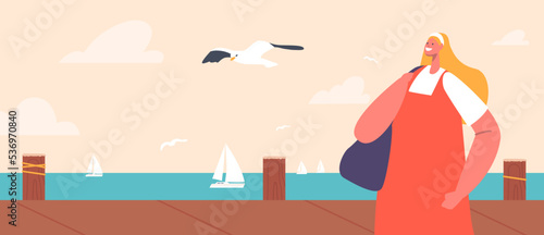 Happy Female Character Walk along Embankment with Seaview with Floating Yachts and Flying Gulls. Cheerful Woman Relax