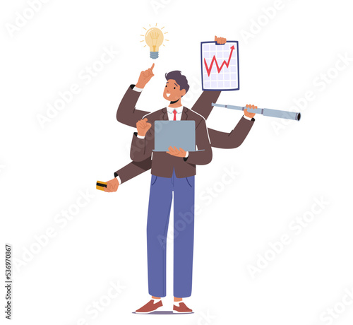 Businessman With Many Arms Holding Office Supplies and Doing Many Tasks At The Same Time. Multitasking, Time Management