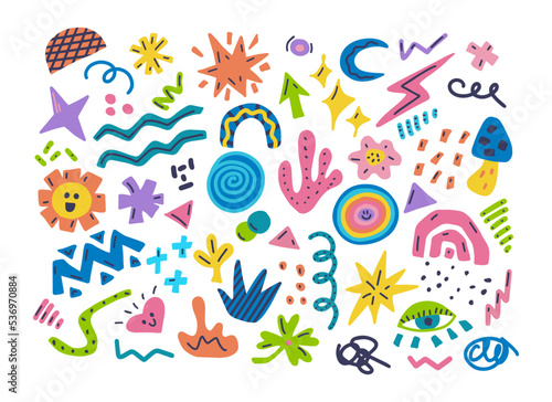 Set of colorful hand drawn doodles of different shapes, abstract elements for modern design, vector illustration on white background