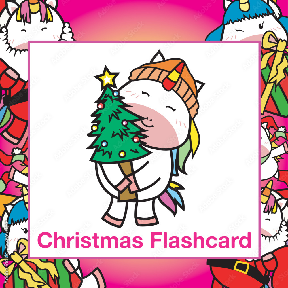Christmas Flashcards for Children. Cute Unicorn Christmas theme. Ready to print. Printable card. Educational card for preschool. Vector illustration. Kawaii Christmas greeting cards for kids Christmas Flashcards for Children. Cute Unicorn Christmas theme. Ready to print. Printable card. Educational card for preschool. Vector illustration. Kawaii Christmas greeting cards for kids