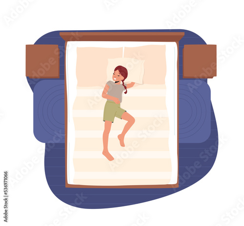 Little Girl Character Lying in Relaxed Pose on Back, Kid at Comfortable Sleeping Place Top View. Kid Sleep on Bed