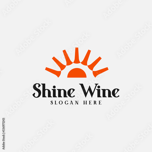 creative sunshine bold wine alcohol restaurant shop logo business vector design concept. modern premium symbol shine wine bottle logo iconic design vector illustration isolated on white background.