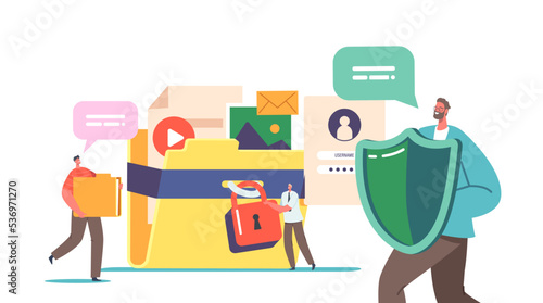 Tiny Characters at Huge Protected Folder with Files, Red Lock and Shield. Information and Documents Protection