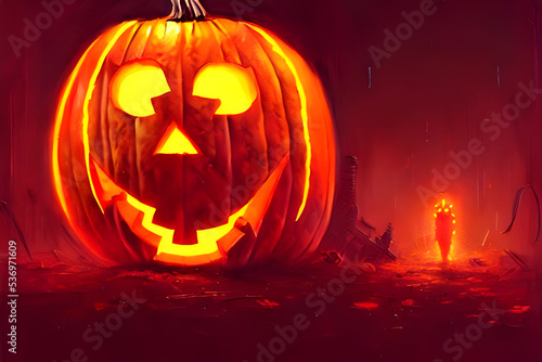  Halloween Jack Pumpkinhead, all saints night. Party in cyberpunk style. Pumpkin head in neon and fluorescent light - illustration 