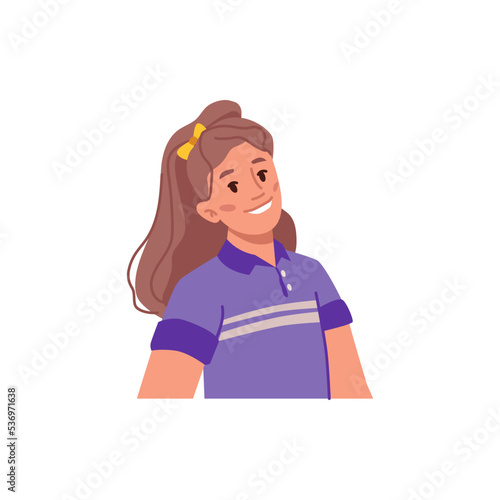 Girl avatar or portrait, isolated smiling and positive female character. Preteen or young teenager with smile on face, positive kid. Vector in flat cartoon style