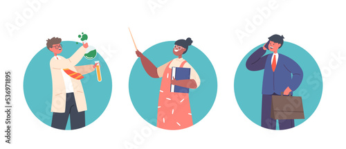 Kid Profession Scientist, Teacher and Businessman Isolated Round Icons or Avatars. Children Characters Choose Career
