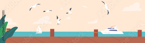 Wooden Pier On Sea, Ocean or River Summer Landscape, Wood Wharf With Ropes On Picturesque Background With Yacht