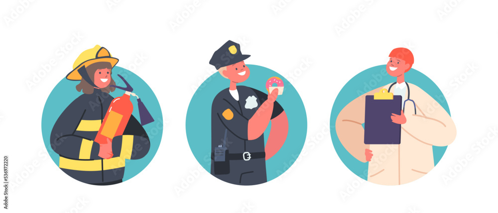 Fototapeta premium Kid Profession Policeman, Firefighter and Doctor Characters Isolated Round Icons or Avatars. Children Choose Occupation