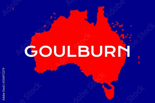 Goulburn: Name der australischen Stadt Goulburn im Bundesstaat New South Wales mit den Umrissen des Landes im Hintergrund photo
