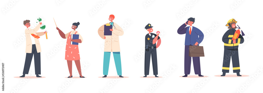 Kid Profession Policeman, Firefighter and Doctor with Scientist, Teacher and Businessman. Children Choose Career Kid Profession Policeman, Firefighter and Doctor with Scientist, Teacher and Businessman. Children Choose Career
