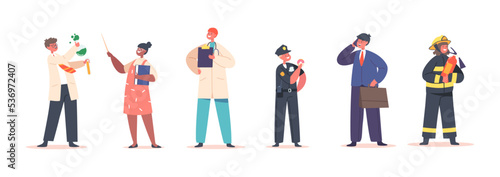 Kid Profession Policeman, Firefighter and Doctor with Scientist, Teacher and Businessman. Children Choose Career